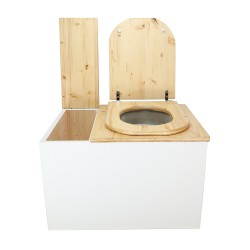 Toilette sèche avec bac intégré en bois huilé/blanc avec seau 20L plastique, abattant forme "D" et bavette inox