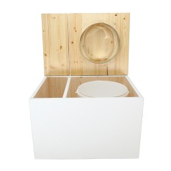 Toilette sèche avec bac intégré en bois huilé/blanc avec seau 20L plastique, abattant forme "D" et bavette inox