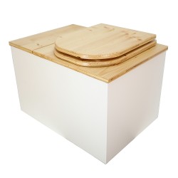 Toilette sèche avec bac intégré en bois huilé/blanc avec seau 20L plastique, abattant forme "D" et bavette inox