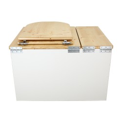 Toilette sèche avec bac intégré en bois huilé/blanc avec seau 20L plastique, abattant forme "D" et bavette inox
