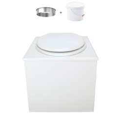 Toilette sèche de couleur blanche complète avec seau plastique 22L, bavette inox, abattant blanc