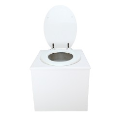 Toilette sèche de couleur blanche complète avec seau plastique 22L, bavette inox, abattant blanc