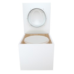Toilette sèche de couleur blanche complète avec seau plastique 22L, bavette inox, abattant blanc
