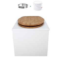 Toilette sèche de couleur blanche complète avec seau plastique 22L, bavette inox, abattant bambou