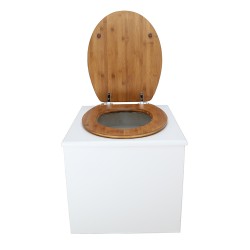 Toilette sèche de couleur blanche complète avec seau plastique 22L, bavette inox, abattant bambou