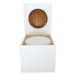 Toilette sèche de couleur blanche complète avec seau plastique 22L, bavette inox, abattant bambou