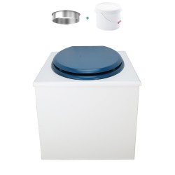 Toilette sèche de couleur blanche complète avec seau plastique 22L, bavette inox, abattant bleu nuit