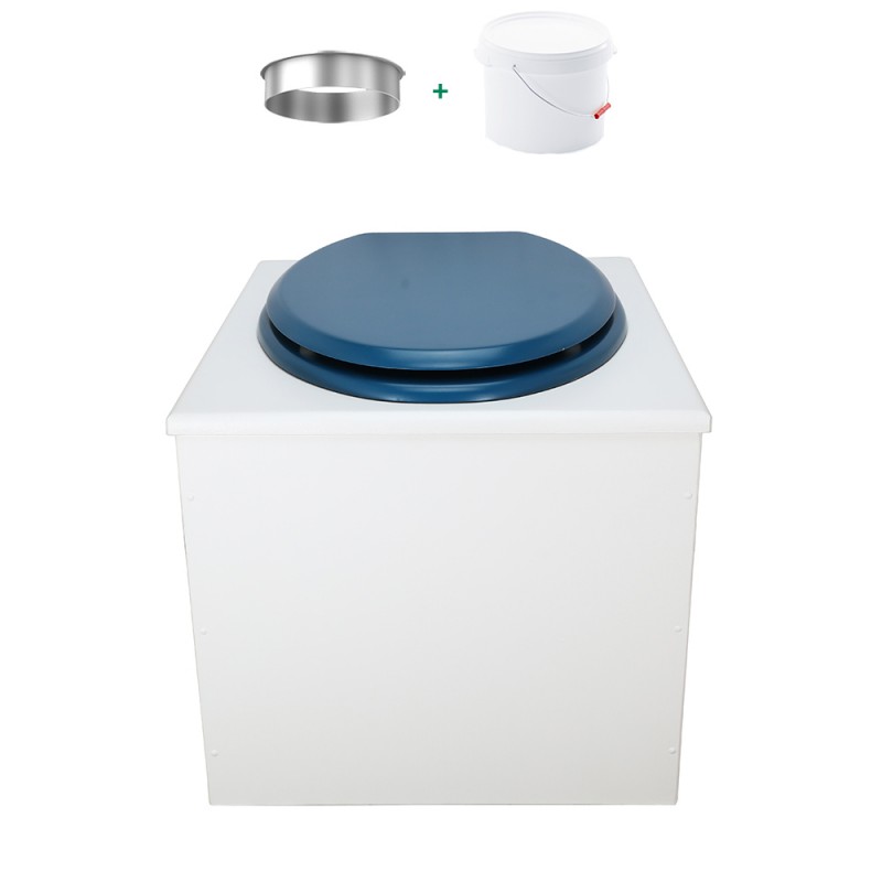 Toilette sèche de couleur blanche complète avec seau plastique 22L, bavette inox, abattant bleu nuit