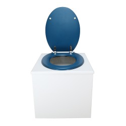Toilette sèche de couleur blanche complète avec seau plastique 22L, bavette inox, abattant bleu nuit