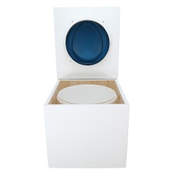 Toilette sèche de couleur blanche complète avec seau plastique 22L, bavette inox, abattant bleu nuit