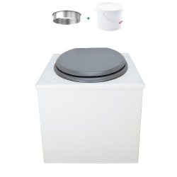 Toilette sèche de couleur blanche complète avec seau plastique 22L, bavette inox, abattant gris