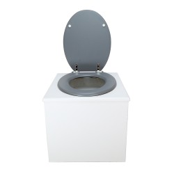 Toilette sèche de couleur blanche complète avec seau plastique 22L, bavette inox, abattant gris