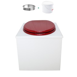 Toilette sèche de couleur blanche complète avec seau plastique 22L, bavette inox, abattant rouge