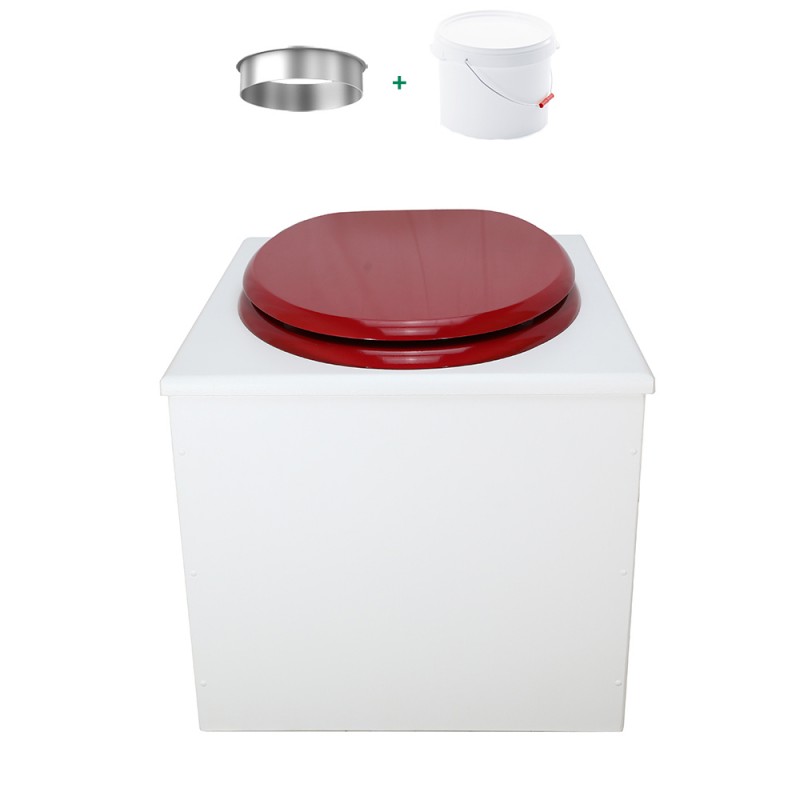Toilette sèche de couleur blanche complète avec seau plastique 22L, bavette inox, abattant rouge