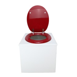 Toilette sèche de couleur blanche complète avec seau plastique 22L, bavette inox, abattant rouge