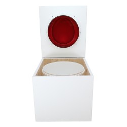 Toilette sèche de couleur blanche complète avec seau plastique 22L, bavette inox, abattant rouge