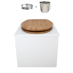Toilette sèche en bois blanc complète avec seau inox 22 litres et bavette inox Ø30 cm - abattant bambou