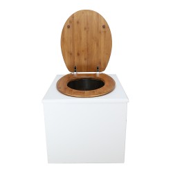 Toilette sèche en bois blanc complète avec seau inox 22 litres et bavette inox Ø30 cm - abattant bambou
