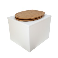 Toilette sèche en bois blanc complète avec seau inox 22 litres et bavette inox Ø30 cm - abattant bambou