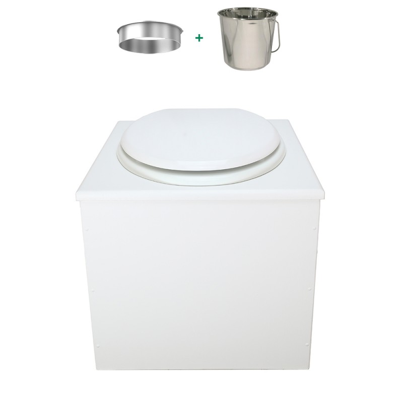 Toilette sèche en bois blanc complète avec seau inox 22 litres et bavette inox Ø30 cm - abattant blanc Toilette sèche en bois blanc complète avec seau inox 22 litres et bavette inox Ø30 cm - abattant blanc