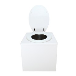 Toilette sèche en bois blanc complète avec seau inox 22 litres et bavette inox Ø30 cm - abattant blanc