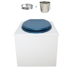 Toilette sèche en bois blanc complète avec seau inox 22 litres et bavette inox Ø30 cm - abattant bleu nuit