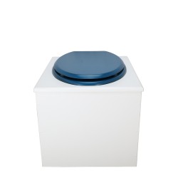 Toilette sèche en bois blanc complète avec seau inox 22 litres et bavette inox Ø30 cm - abattant bleu nuit