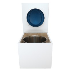 Toilette sèche en bois blanc complète avec seau inox 22 litres et bavette inox Ø30 cm - abattant bleu nuit