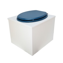 Toilette sèche en bois blanc complète avec seau inox 22 litres et bavette inox Ø30 cm - abattant bleu nuit