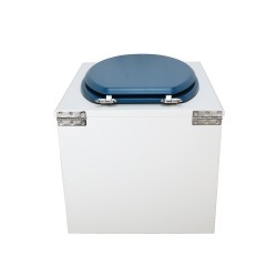 Toilette sèche en bois blanc complète avec seau inox 22 litres et bavette inox Ø30 cm - abattant bleu nuit