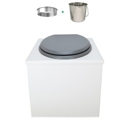 Toilette sèche en bois blanc complète avec seau inox 22 litres et bavette inox Ø30 cm - abattant gris