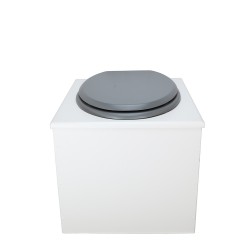 Toilette sèche en bois blanc complète avec seau inox 22 litres et bavette inox Ø30 cm - abattant gris