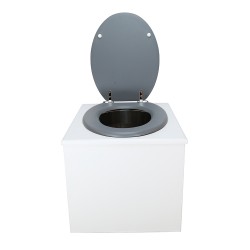 Toilette sèche en bois blanc complète avec seau inox 22 litres et bavette inox Ø30 cm - abattant gris