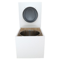 Toilette sèche en bois blanc complète avec seau inox 22 litres et bavette inox Ø30 cm - abattant gris