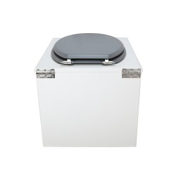 Toilette sèche en bois blanc complète avec seau inox 22 litres et bavette inox Ø30 cm - abattant gris