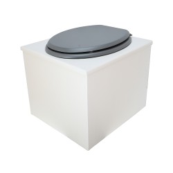 Toilette sèche en bois blanc complète avec seau inox 22 litres et bavette inox Ø30 cm - abattant gris