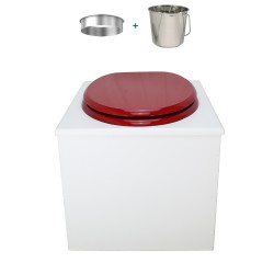 Toilette sèche en bois blanc complète avec seau inox 22 litres et bavette inox Ø30 cm - abattant rouge