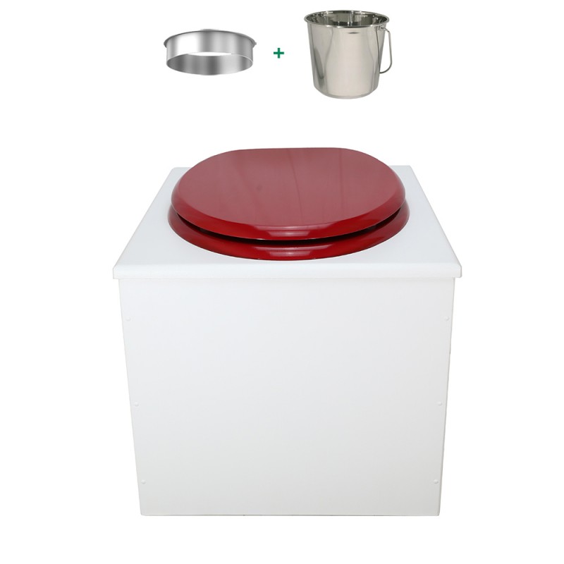 Toilette sèche en bois blanc complète avec seau inox 22 litres et bavette inox Ø30 cm - abattant rouge