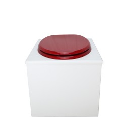 Toilette sèche en bois blanc complète avec seau inox 22 litres et bavette inox Ø30 cm - abattant rouge