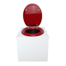 Toilette sèche en bois blanc complète avec seau inox 22 litres et bavette inox Ø30 cm - abattant rouge