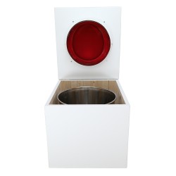 Toilette sèche en bois blanc complète avec seau inox 22 litres et bavette inox Ø30 cm - abattant rouge