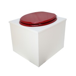 Toilette sèche en bois blanc complète avec seau inox 22 litres et bavette inox Ø30 cm - abattant rouge