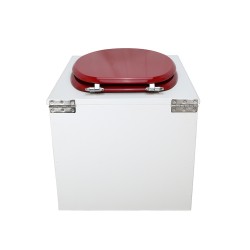 Toilette sèche en bois blanc complète avec seau inox 22 litres et bavette inox Ø30 cm - abattant rouge
