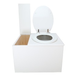 Toilette sèche avec bac à copeaux de bois blanche. Livré complet avec bavette inox et seau 22 litres