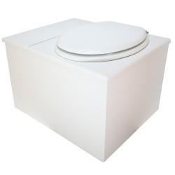 Toilette sèche avec bac à copeaux de bois blanche. Livré complet avec bavette inox et seau 22 litres