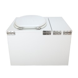 Toilette sèche avec bac à copeaux de bois blanche. Livré complet avec bavette inox et seau 22 litres