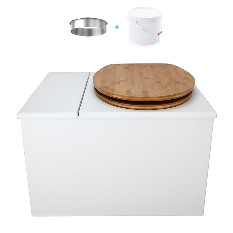 Toilette sèche avec bac à copeaux de bois. bois blanc, abattant bambou. Livré complet avec bavette inox et seau 22 litres
