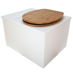Toilette sèche avec bac à copeaux de bois. bois blanc, abattant bambou. Livré complet avec bavette inox et seau 22 litres