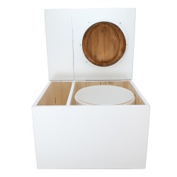 Toilette sèche avec bac à copeaux de bois. bois blanc, abattant bambou. Livré complet avec bavette inox et seau 22 litres