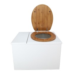Toilette sèche avec bac à copeaux de bois. bois blanc, abattant bambou. Livré complet avec bavette inox et seau 22 litres